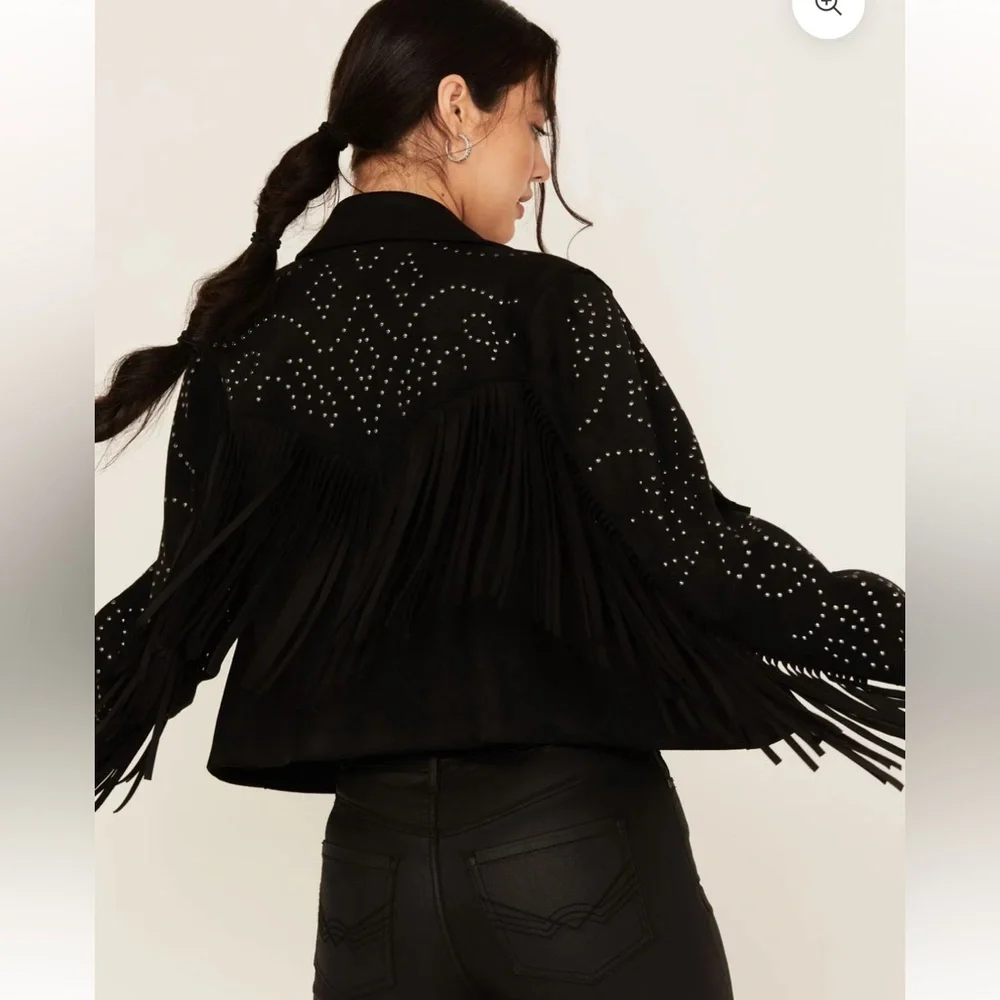FRINGE AND STUDDED FAUX SUEDE SNAP JACKET idyllwind Blair size small - Picture 4 of 11